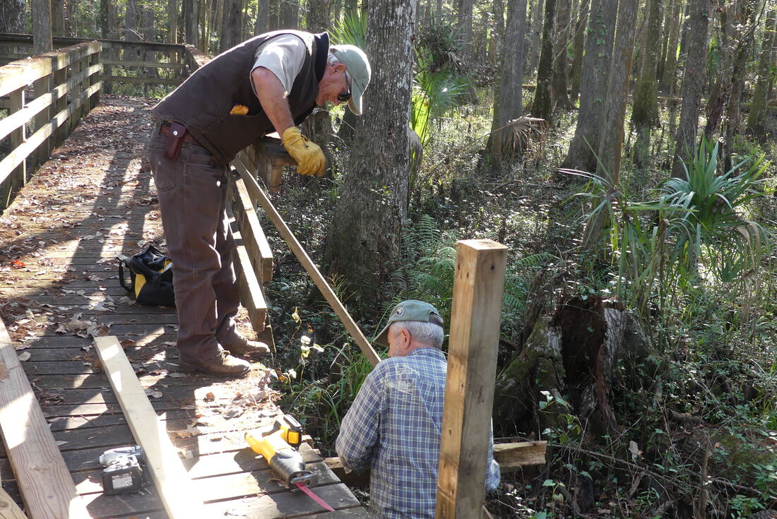 A Friends volunteer and a staff member work to repair the boardwalk. 