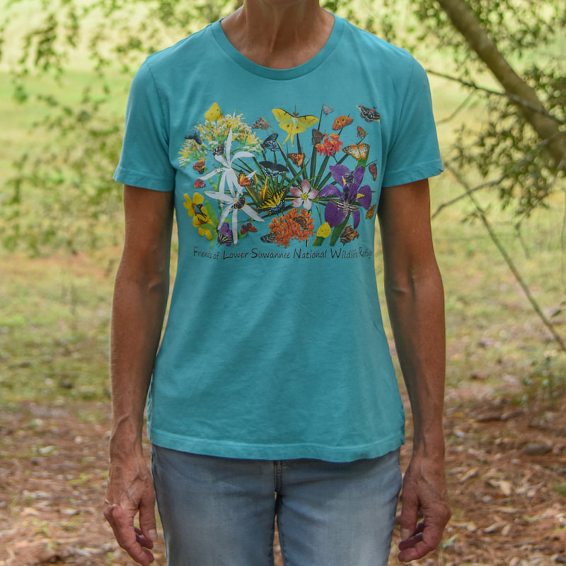 Picture of a blue butterfly tee shirt on a model