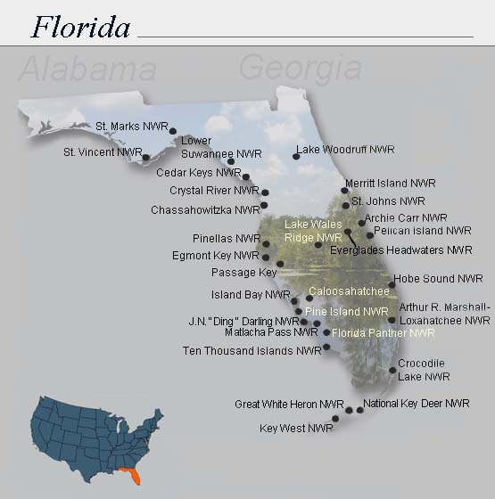 Map of Florida showing National Wildlfie Refuges