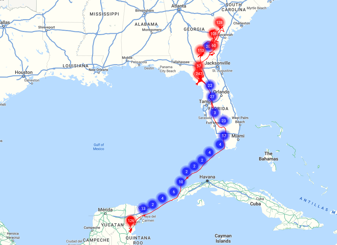 Picture of a map showing the migrtion points of Suwannee II from the Refuge north to the Savannah River, back to the Refuge, on to Cuba, and then to Mexico