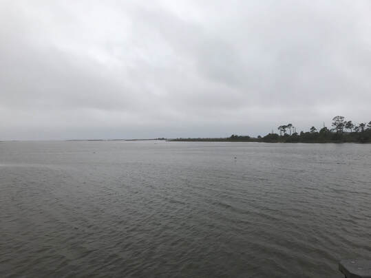 Picture of cloudy skies over Palmetto Mound, as viewed from the shell Mound fishing pier.
