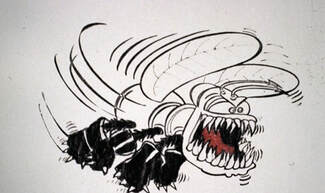 Cartoon drawing of a biting insects, teeth exposed, flying aggressively