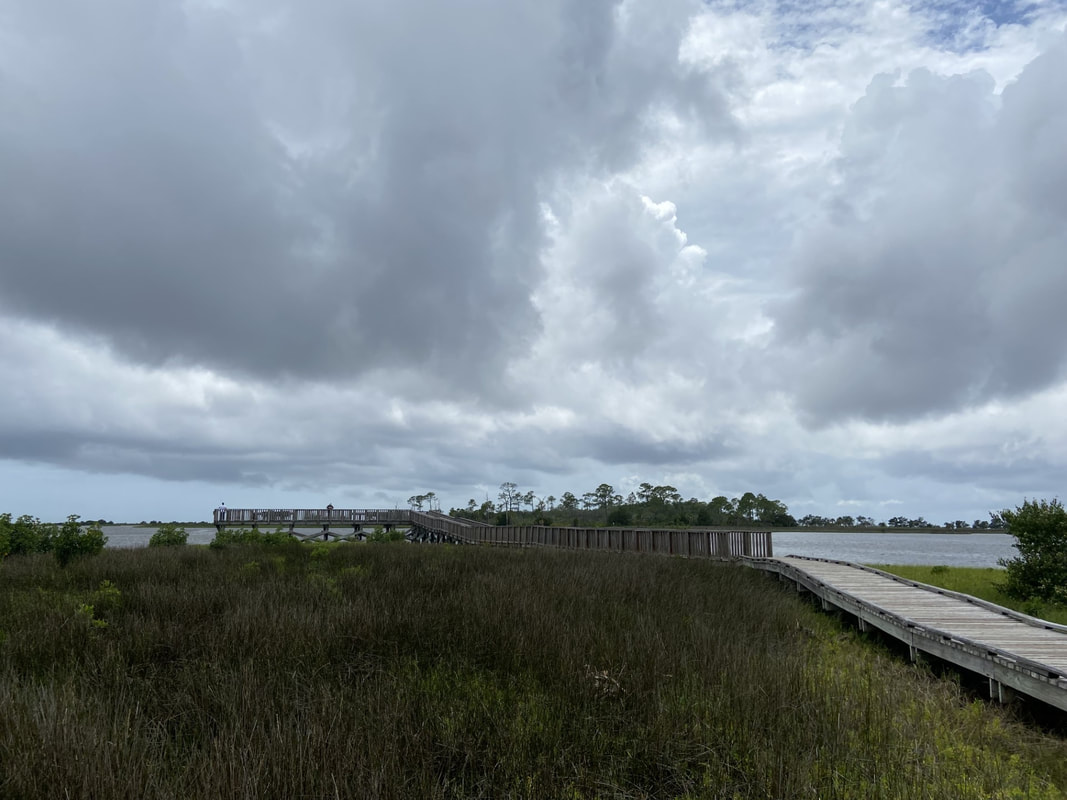 Picture of the Shell Mound pier with dramatic clouds above.