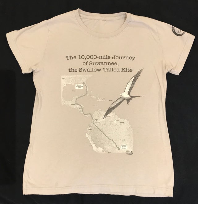 image of t-shirt with swallow-tailed kite and map of flight route from Lower Suwannee to Brazil