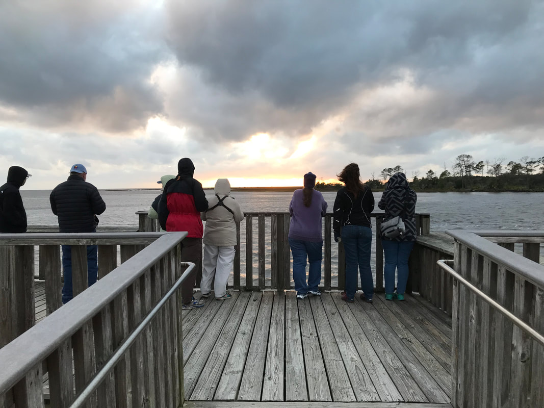 Picture of A group of Friends members and visitors watching the sun set over Palmetto Mound on a blustery Winter Solstice day in 2018